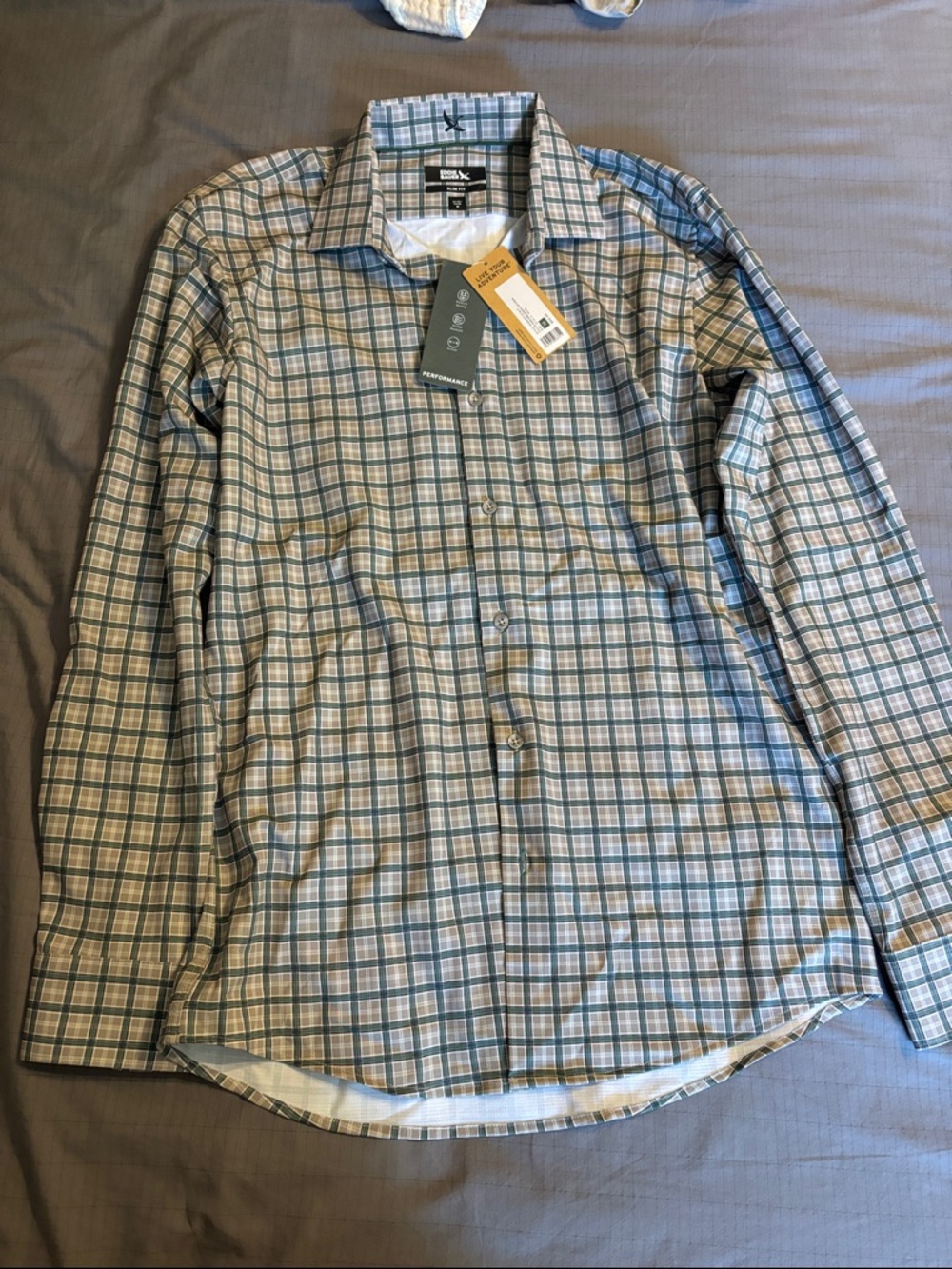 Eddie Bauer Slim Fit Green and Tan Plaid Button-Down Shirt